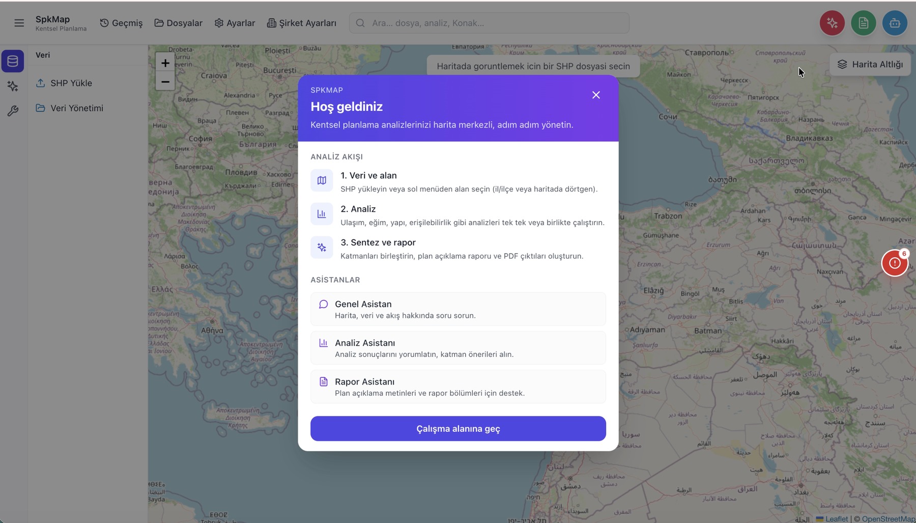 SpkMap karşılama ekranı: üç adımlı akış ve üç asistan